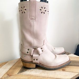 Frye Blush Pink Leather Laser Cut Harness Boots